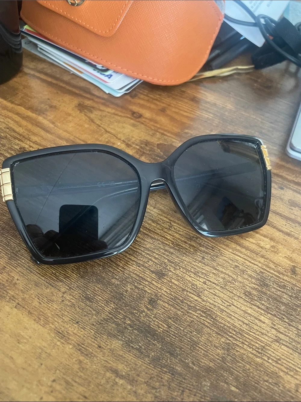 Tory Burch Black Oversized Square Sunglasses with Gold Accents